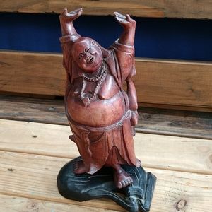 Vtg Lucky Budda redwood statue sculpture